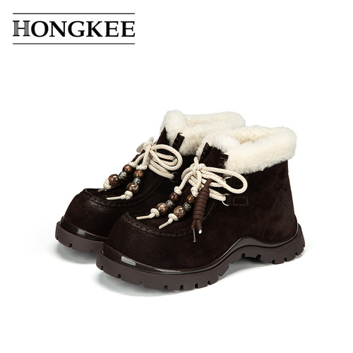 Hongkee/红科短靴冬新款牛皮厚底高帮冬靴羊毛里保暖女靴H805D428