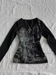 Subculture Punk Rock Goth Y2K Millennial Hottie Retro V-Neck Tie-Dye Printed T-Shirt Women's Autumn Long-Sleeved Top