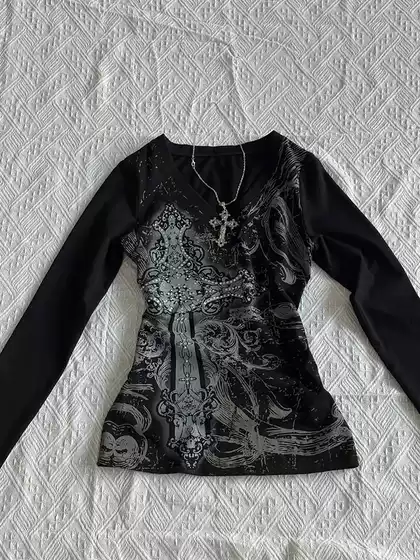 Subculture Punk Rock Goth Y2K Millennial Hottie Retro V-Neck Tie-Dye Printed T-Shirt Women's Autumn Long-Sleeved Top