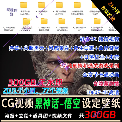 黑神话悟空CG视频4K游戏原画3A游戏闯关情景设计直播素材300G网盘