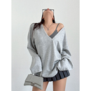 慵懒风大Ｖ领宽松灰色卫衣休闲上衣女2025秋冬新款 liviahome 美式