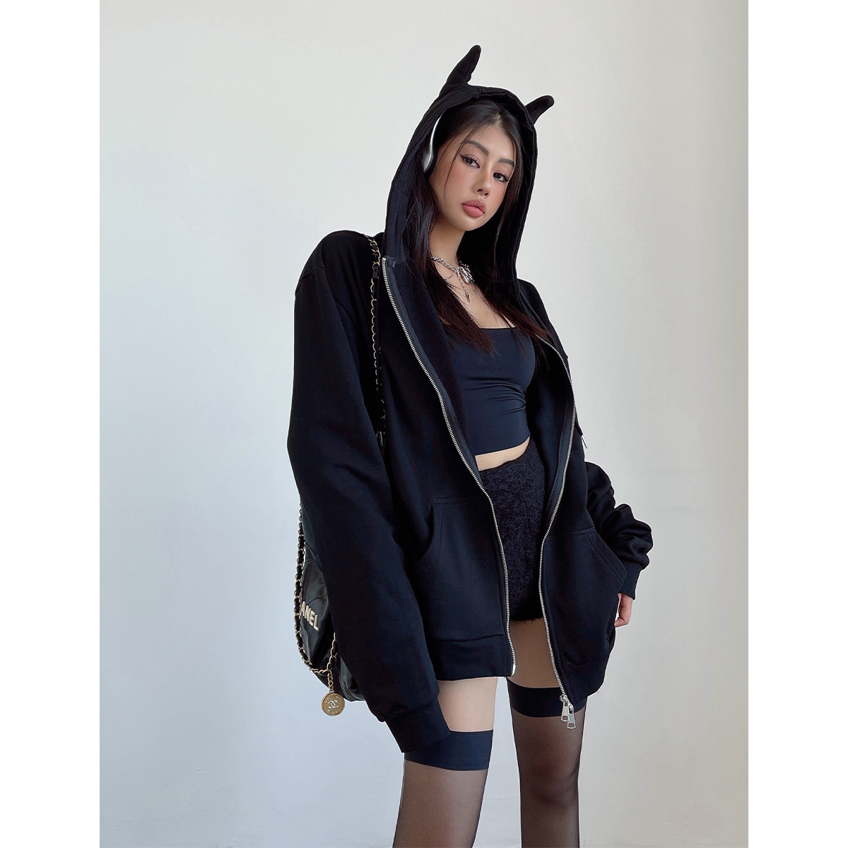 liviahome耳朵连帽拉链卫衣外套