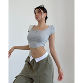 liviahome辣妹性感紧身三粒扣弧形下摆女短款 露脐T恤方领显瘦上衣