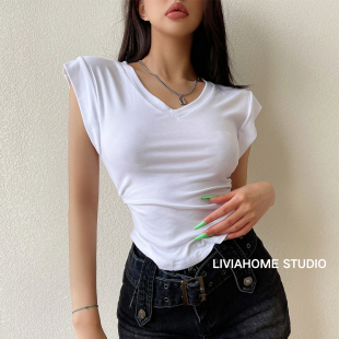 高腰短款 liviahome 弧形下摆修身 纯欲辣妹V领小飞袖 上衣 T恤女夏季