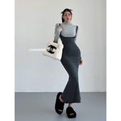 T恤紧身包臀鱼尾背带连衣裙套装 liviahome 性感半高领长袖 女秋冬