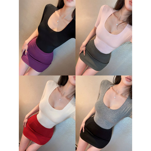 韩系U领修身显瘦五分袖T恤女