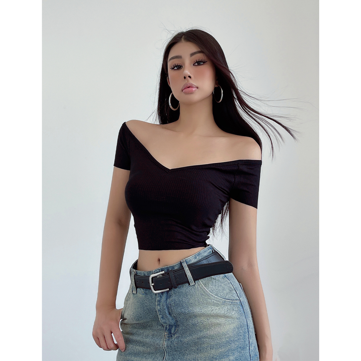 美式复古一字肩针织T恤