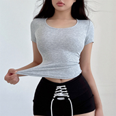 liviahome 上衣夏 内搭针织短袖 圆领螺纹薄款 正肩T恤女显瘦修身