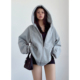 女秋冬季 liviahome 欧美风宽松慵懒加绒连帽卫衣开衫 灰色拉链外套