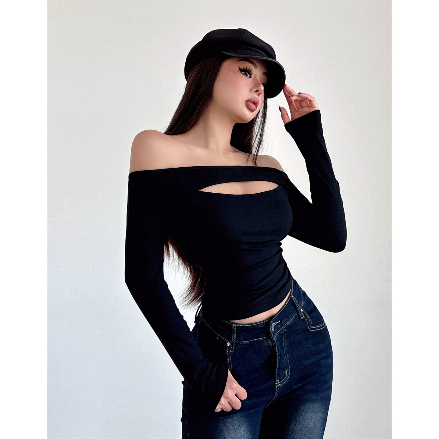 纯欲性感一字肩露锁骨长袖T恤女