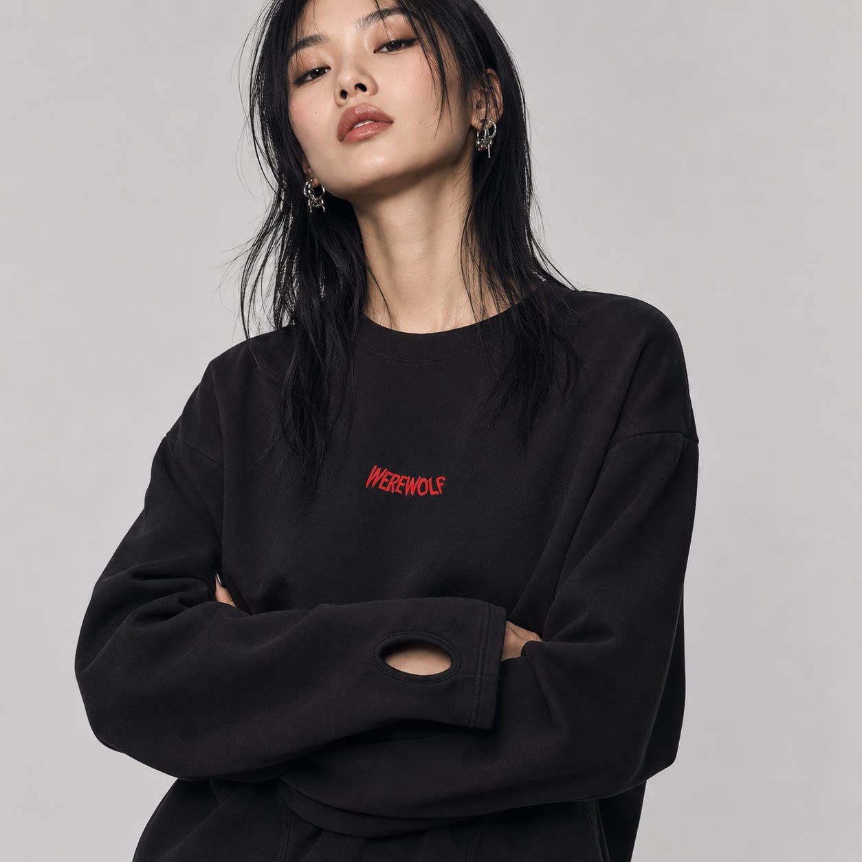 美式风黑色落肩宽松字母卫衣女