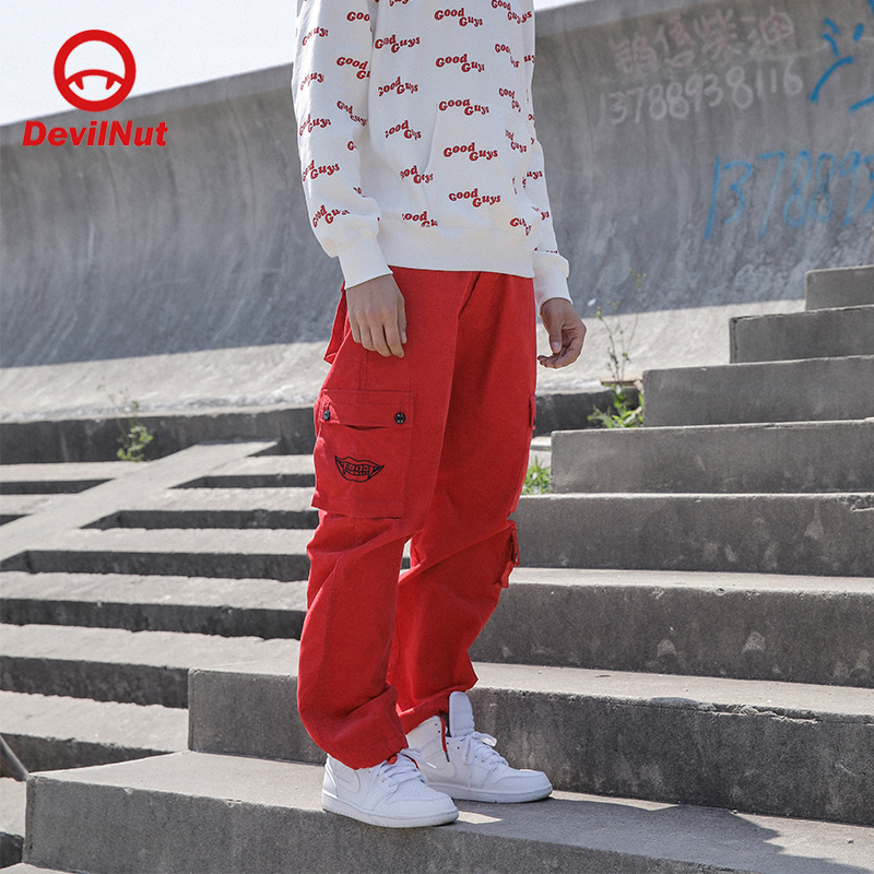 devilnut恶魔潮牌大红收口工装裤