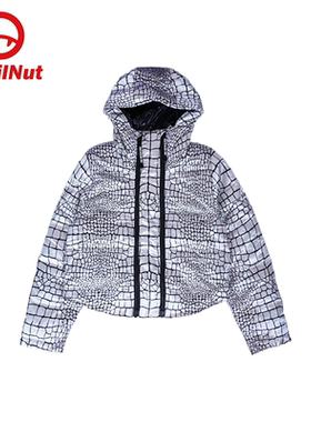 DEVIL NUT潮牌恶魔轻羽绒服女短款连帽鳄鱼纹百搭保暖外套灰色