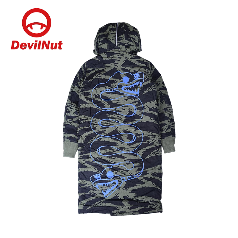 DEVIL NUT潮牌恶魔迷彩风连帽长款棉服男士潮牌印花保暖外套