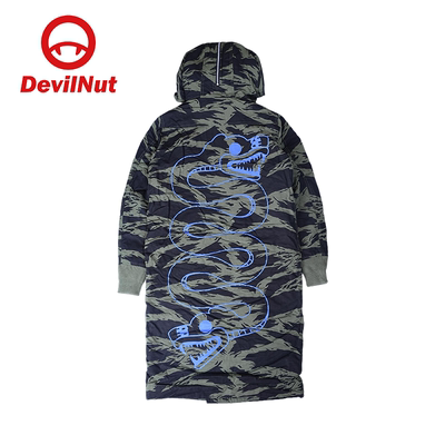 DEVIL NUT潮牌恶魔迷彩风连帽长款棉服男士潮牌印花保暖外套