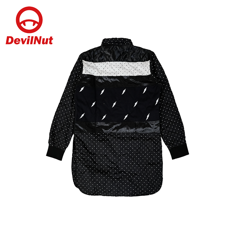 DEVIL NUT潮牌男装多面料拼接波点闪电印花长袖衬衫潮流夹棉