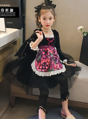 奇米迪女童洛丽塔公主裙2023秋装洋气儿童黑色蓬蓬裙演出服网纱裙