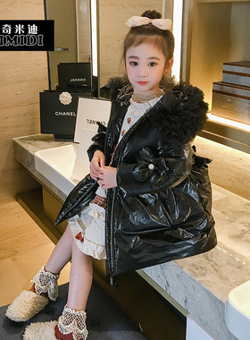 奇米迪女童亮面羽绒服黑色2022洋气冬装儿童免洗中长款羽绒外套潮