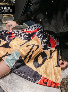 奇米迪女童半身裙2023秋装新款百搭儿童黑色印花百褶裙洋气A字裙