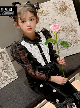 奇米迪定制童装女童衬衫公主2023秋装新款洋气儿童黑色女大童上衣