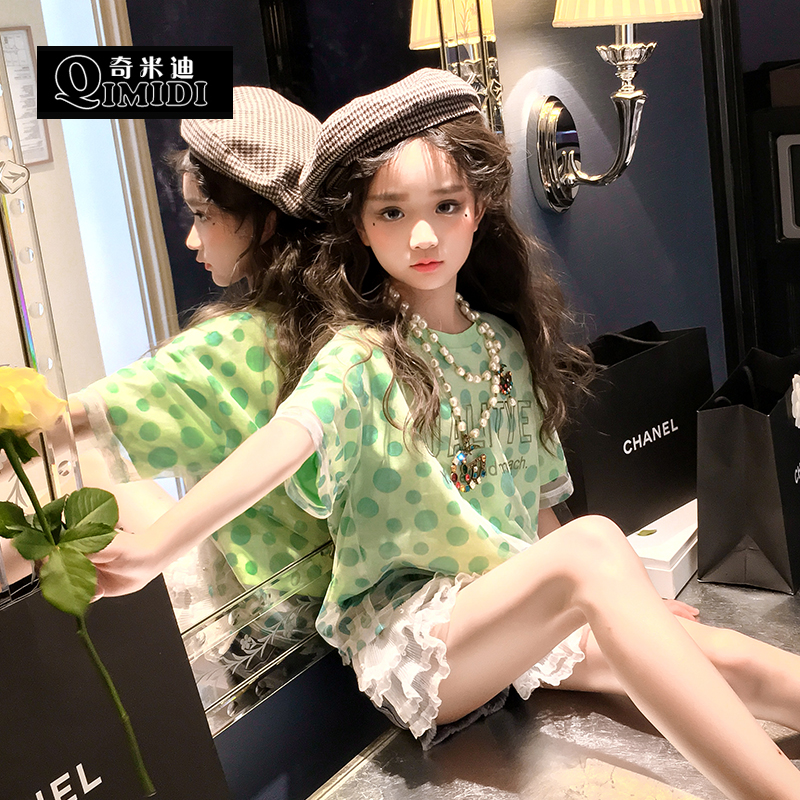 奇米迪女童T恤2023夏装新款洋气果绿色小女孩韩版上衣儿童雪纺衫