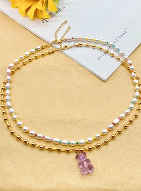 原创设计波西米亚天然珍珠颈链小熊金珠手工项链ins风简约锁骨链