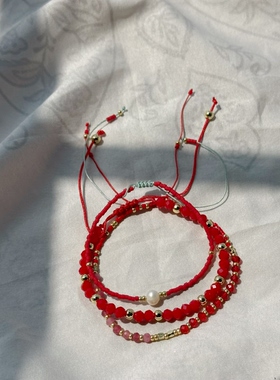 MLGM新款套装民族风红色系手链珍珠miyuki串珠手饰叠戴套装细手串