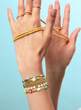 ins小众欧美简约天然珍珠编织18K金珠串珠多层叠戴恶魔之眼手链女