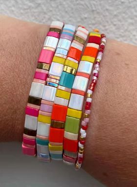 ins小众波西米亚风TILA玻璃珠手工编织 欧美时尚叠戴彩虹小手链女