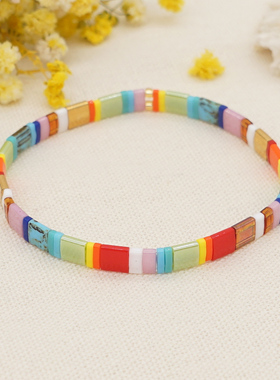 波西米亚风玻璃珠七彩手链女包邮