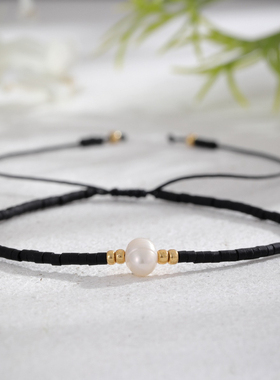 MLGM黑色miyuki玻璃米珠珍珠小小手链 个性复古风可调节大小手串