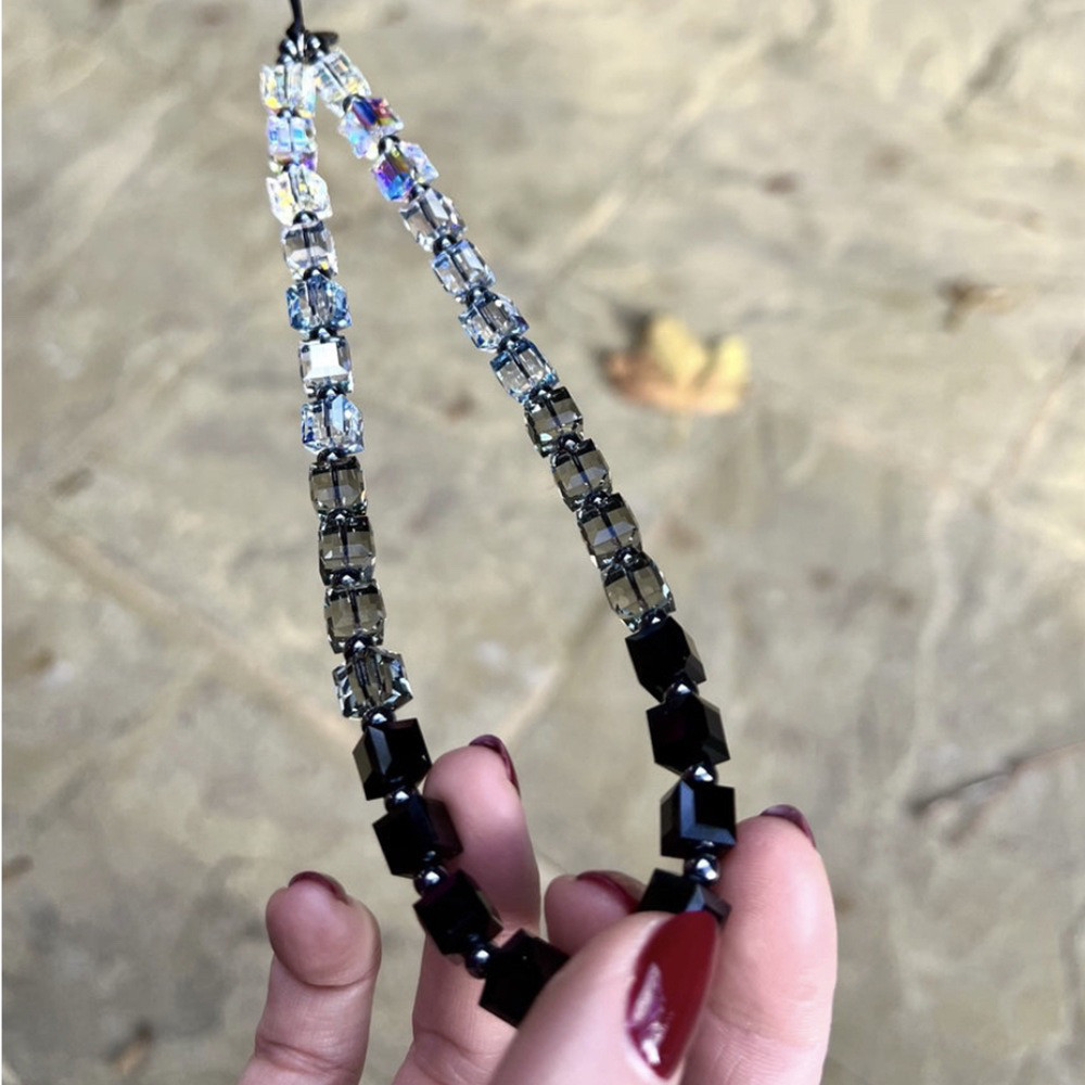 MLGM简约黑色渐变方糖水晶手机链相机挂件粗线串珠挂绳 包包挂饰