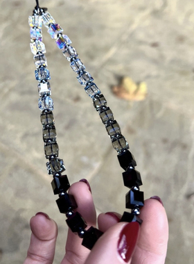 MLGM简约黑色渐变方糖水晶手机链相机挂件粗线串珠挂绳 包包挂饰