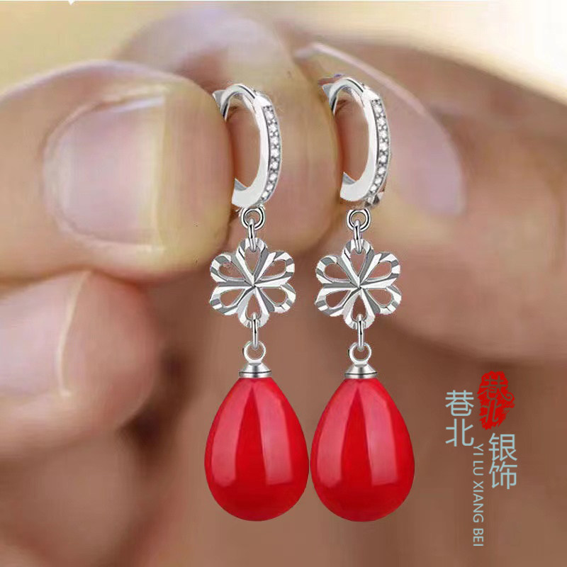 S925纯银耳扣珍珠贝珠红色新年雪花耳环女2024年新款耳坠银饰耳饰,饰品/流行首饰/时尚饰品新,耳环,淘宝优惠券,粉丝福利购,淘宝优惠卷