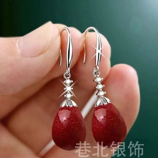 新款火爆款高级感朱砂水滴耳环925纯银上档次气质耳坠时尚耳饰女