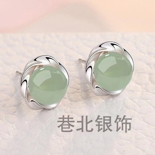 925银和田玉耳钉新款2024年爆款养耳洞玉石玛瑙耳饰简约百搭耳坠