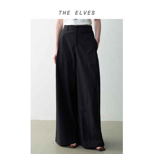 THE ELVES 通勤简约设计感拼接双褶分割 直筒西装裤休闲裤女U11-2