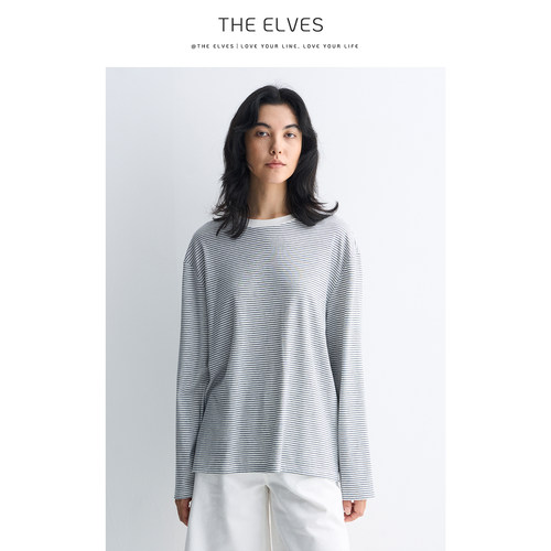 THE ELVES｜初秋休闲慵懒风藏青灰细条纹宽松型圆领长袖T恤女T61