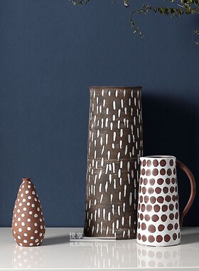 北欧复古橘色小口手工陶瓷花瓶橙色点点花器侘寂风极简干花瓶摆件