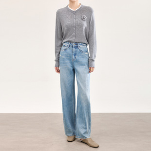 2601204-高货烫钻全棉宽松高腰牛仔弯刀裤休闲显瘦南油下装女春款