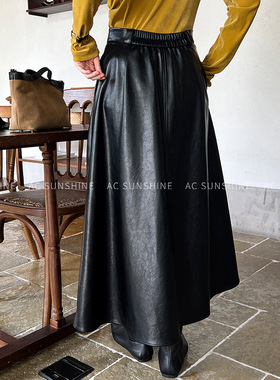 AC Sunshine轻盈质感海岛丝蛋白皮pu半身裙女冬季高腰A字裙H8211
