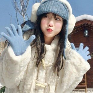 露指触屏保暖出片可爱毛线 新款 手套东北哈尔滨防寒装 备蓝色女冬季