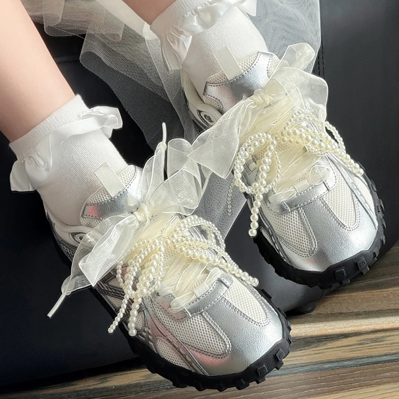 银色鞋雪纺纱鞋带潮流珍珠扣搭配