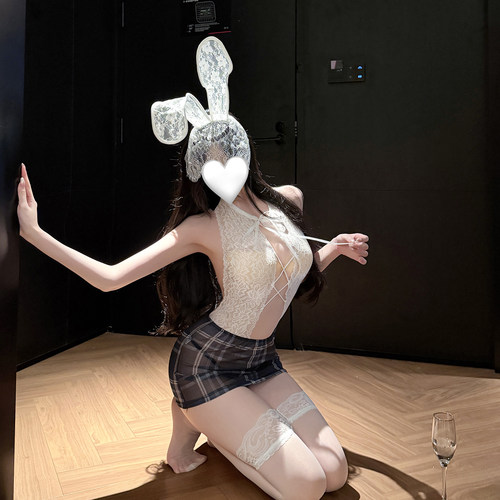 格纹秘书*纯欲白色蕾丝包臀裙女