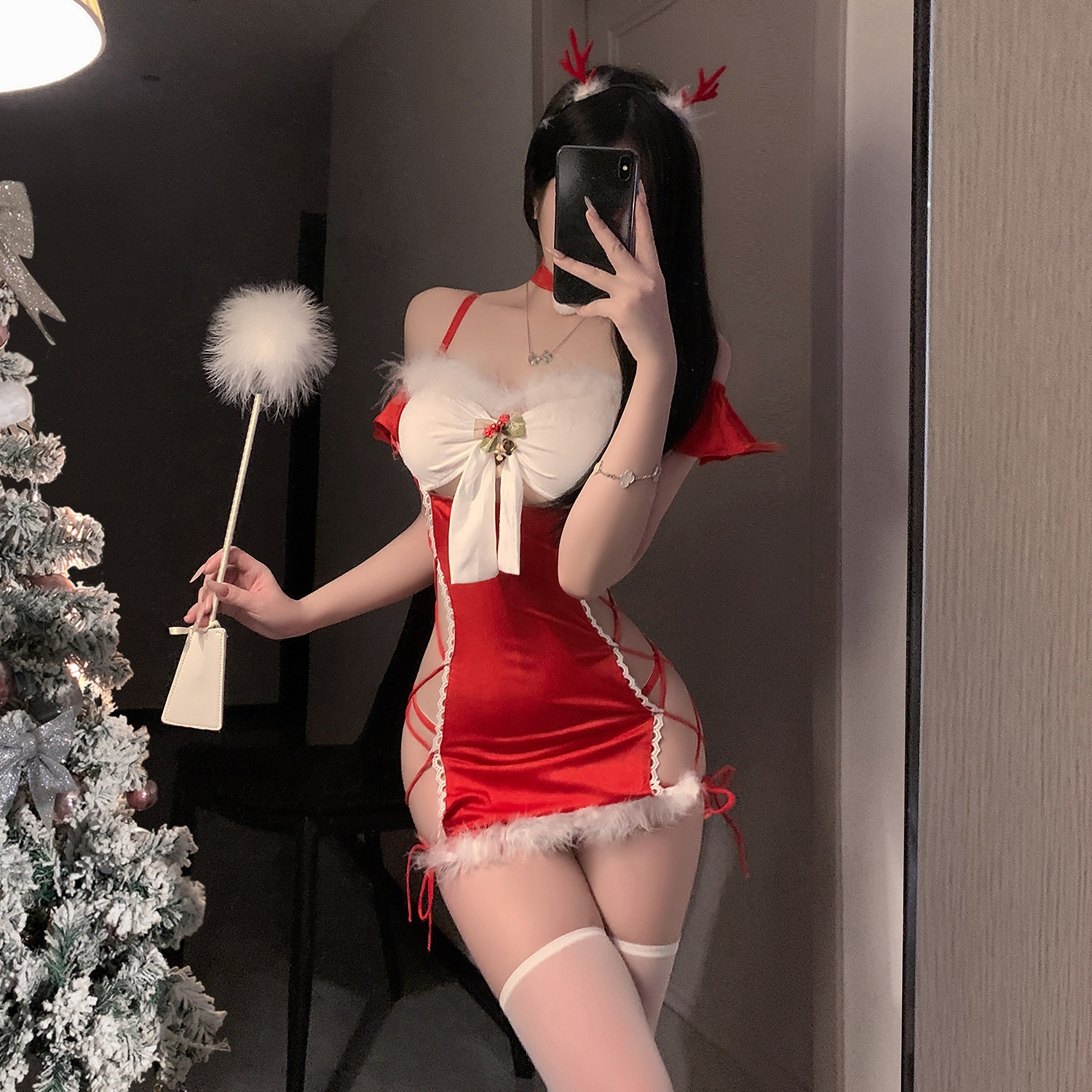 你的礼物已送达~纯欲惹火圣诞包臀裙性感麋鹿绑带睡裙制服套装女