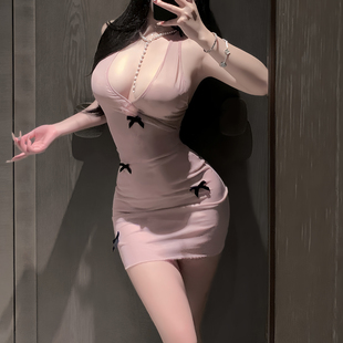 粉色少女*纯欲甜妹网纱蝴蝶结睡裙性感漏背吊带珍珠紧身包臀短裙