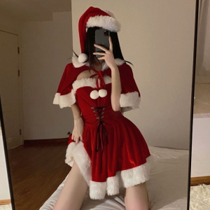 圣诞节战袍甜美cos服装性感纯欲连衣裙氛围感新年红色制服套装女