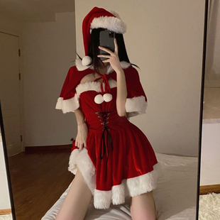 性感纯欲连衣裙氛围感新年红色制服套装 圣诞节战袍甜美cos服装 女