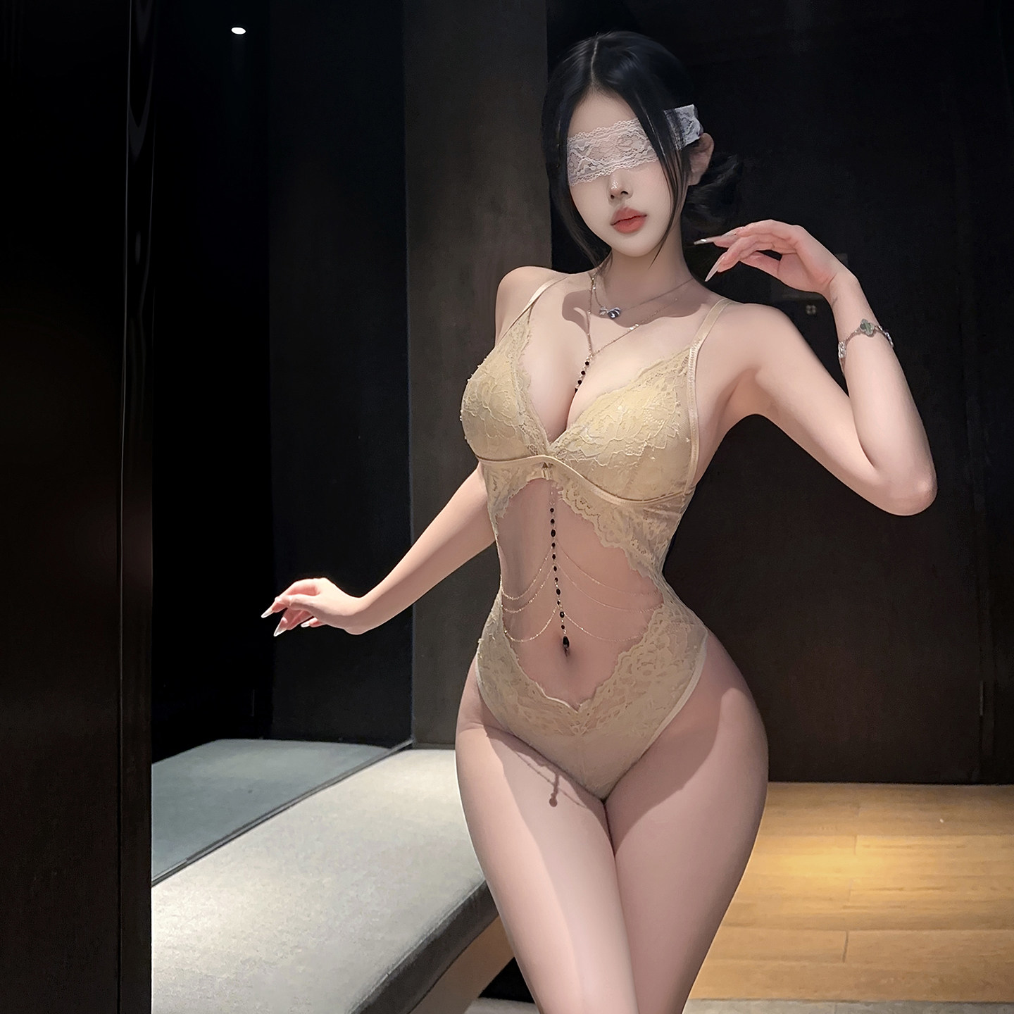 心动频率*性感三点式蕾丝连体衣纯欲小胸深v文胸制服套装氛围感女