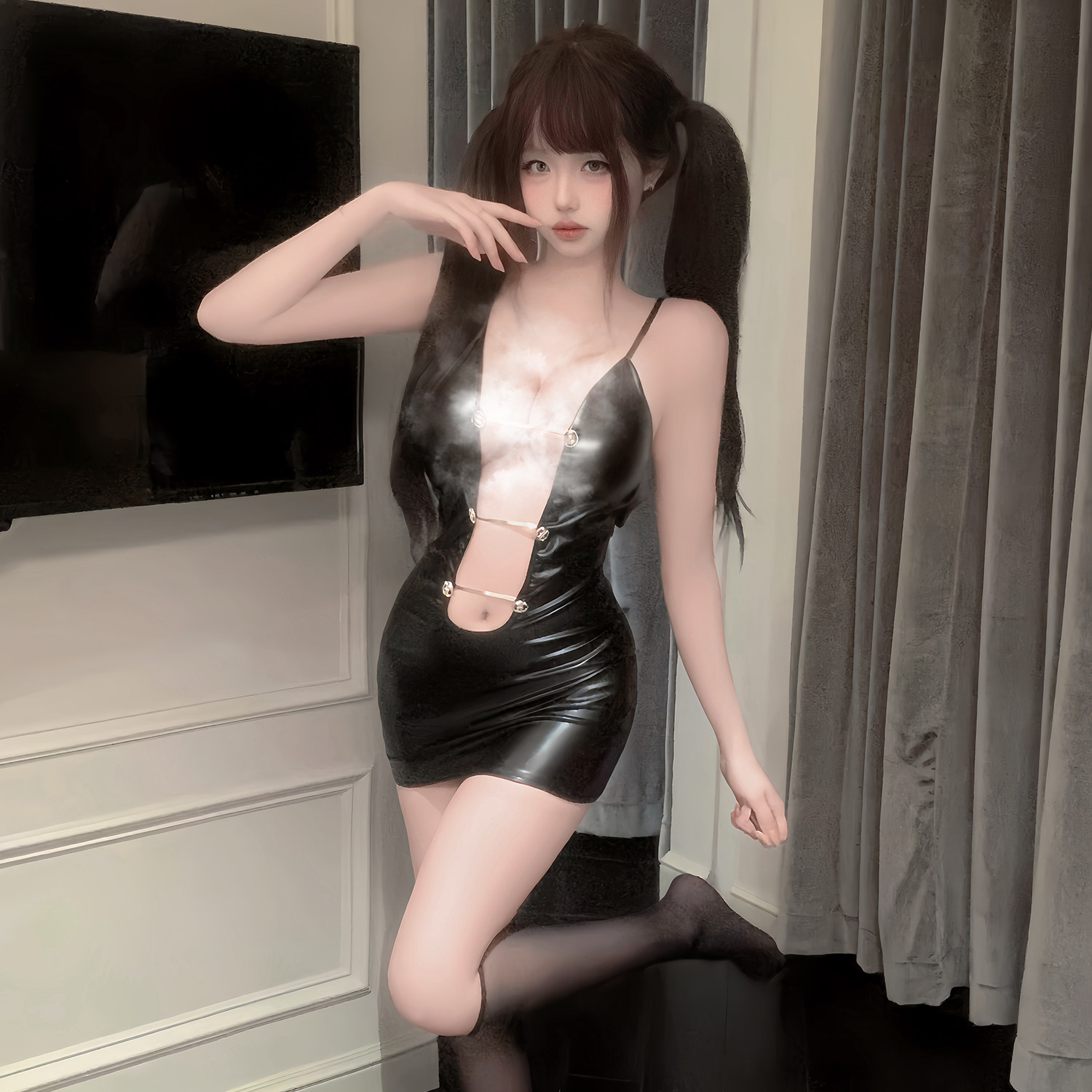 皮裙女郎*性感镂空漆皮美臀裙纯欲吊带美背夜店酒吧制服深V惹火裙